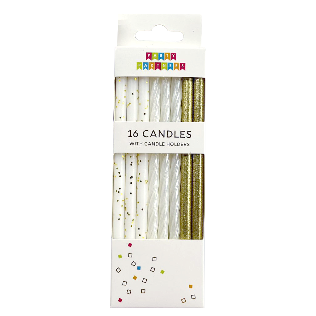 Gold & White Glitter Candles 16 Candle Set